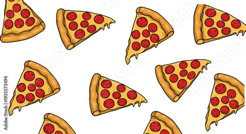 Seamless pattern of cartoon pepperoni pizza slices with melted cheese and golden crust, playful food design for backgrounds, party themes, and dining illustrations