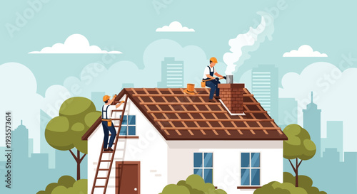Illustration of two construction workers installing roof tiles on a house with a city skyline background
