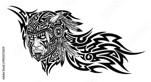 Stylized black and white tribal chief tattoo design with flowing feathered headdress.