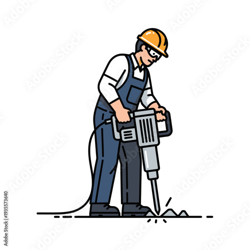 Construction worker operating a jackhammer to break concrete pavement