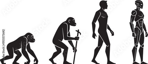 Evolution from primitive ape ancestor to modern human and futuristic humanoid robot ai in black and white vector illustration sequence
