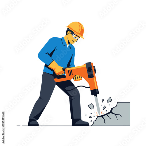 Construction worker operating a jackhammer to break concrete, demolition and renovation concept
