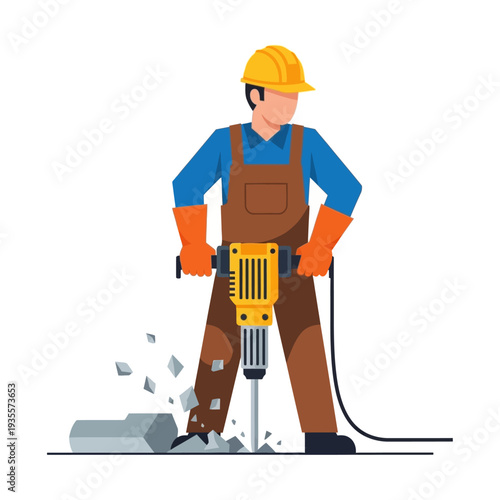 Construction worker operating a jackhammer, breaking concrete on a construction site.