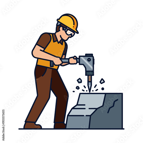 Construction worker operating a jackhammer to break rocks, safety gear, industrial work