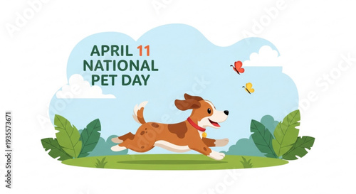 Happy dog running on grass for national pet day on april 11 with kite flying high
