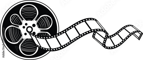 Stylized black-and-white illustration of a film reel with unwinding strip, symbolizing cinema, filmmaking, movie production, and visual storytelling for creative design and entertainment projects