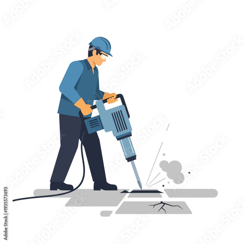 Construction worker using a jackhammer to break concrete pavement, road repair, urban development