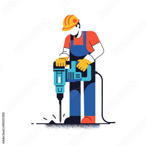 Construction worker with jackhammer breaking concrete, wearing safety helmet and overalls