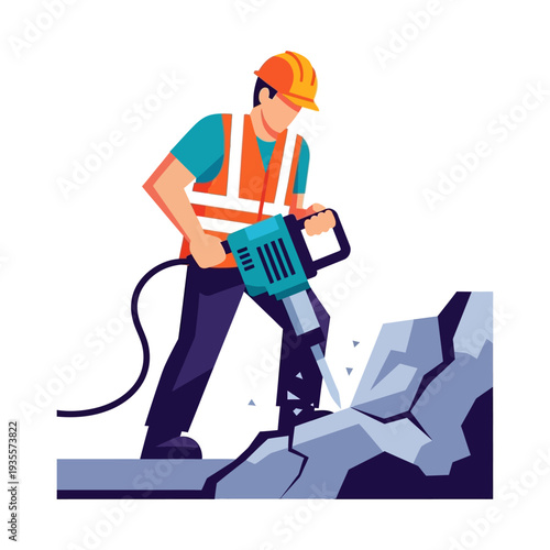 Construction worker with jackhammer breaking concrete on site