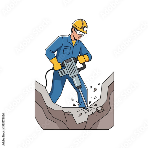 Construction worker with jackhammer breaking concrete pavement