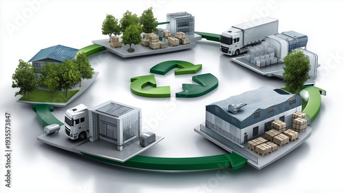 Circular supply chain model innovative sustainable warehousing, integrated recycling loops, eco-friendly practices promoting, resource efficiency enhancing, with copy space