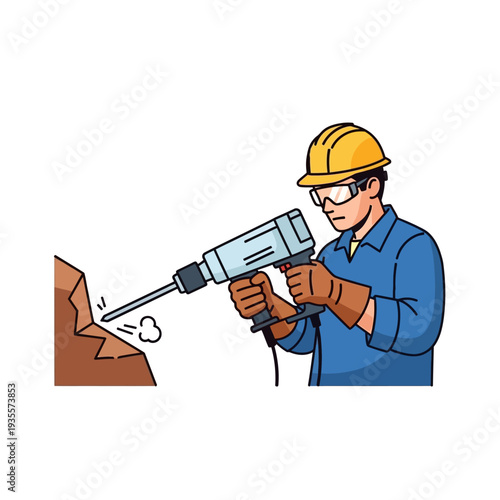 Construction worker with jackhammer breaking rock, safety gear, industrial work