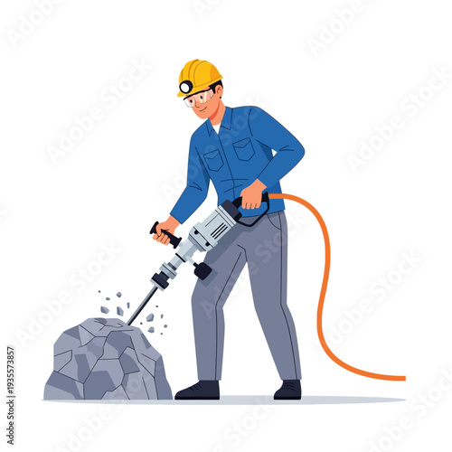 Miner with jackhammer breaking rock, construction and industry concept