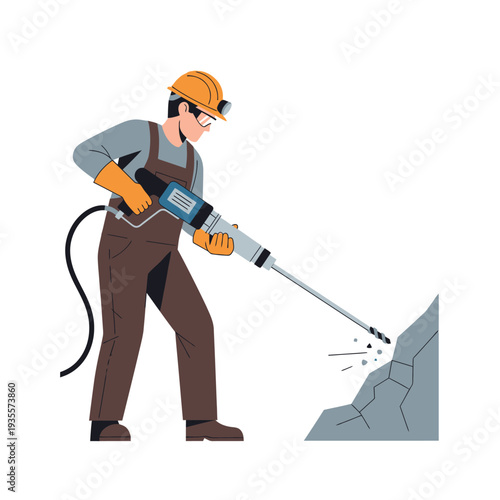 Miner drilling rock with jackhammer, construction worker, industrial equipment, safety gear