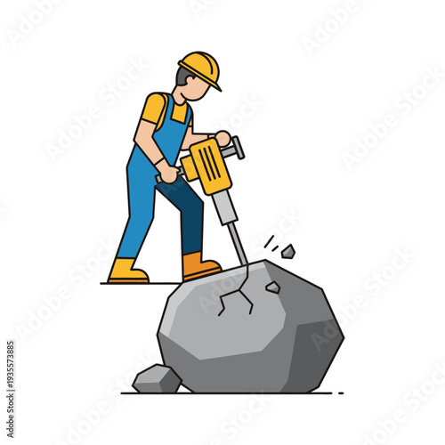 Construction worker with jackhammer breaking rock, industrial work, heavy machinery, outdoor demolition