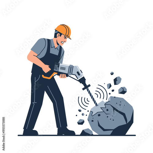 Construction worker with jackhammer breaking large rock, industrial demolition, heavy machinery, hard work