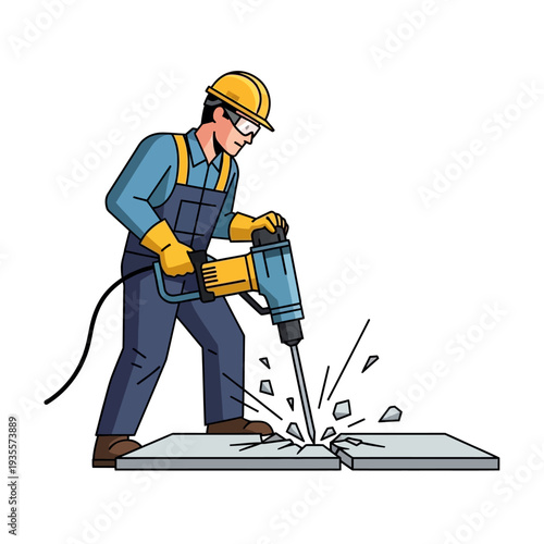 Construction worker demolishing concrete with a jackhammer, wearing safety gear