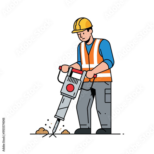 Construction worker operating a jackhammer to break concrete on a construction site