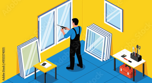 Illustration of a worker installing windows in a room with yellow walls and blue floor