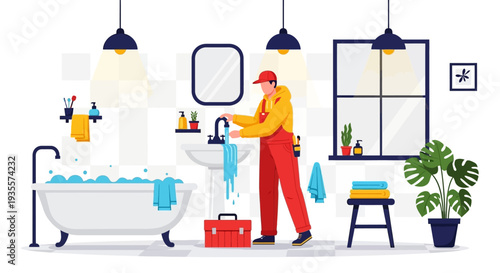 Illustration of a plumber fixing a faucet in a modern bathroom with tools and cleaning supplies