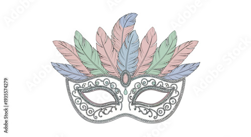 Colorful Feathers Adorned Venetian Style Mask.
