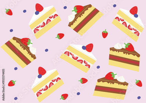 いちごショートとチョコレートケーキのパターン背景｜かわいいベクターイラスト/Strawberry Shortcake and Chocolate Cake Pattern Background | Cute Vector Illustration