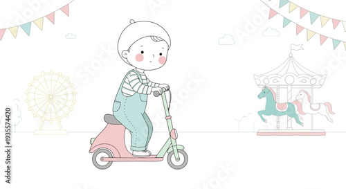 Child Riding Scooter Illustration Simple Design.