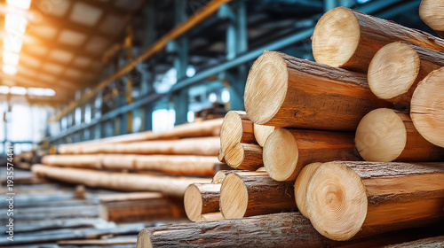 Wallpaper Mural Close-up view freshly cut logs production line, timber processing facility, wood manufacturing moment, forestry industry visualization, with copy space Torontodigital.ca