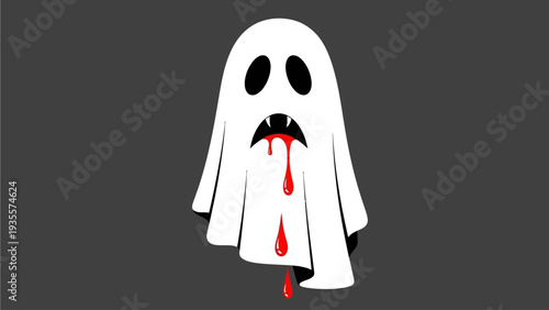 A ghostly figure with a menacing expression and blood dripping from its mouth is centered against a dark background