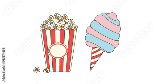 Colorful Popcorn and Ice Cream Illustration.