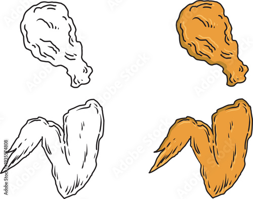 fried chicken cartoon design in color and black and white