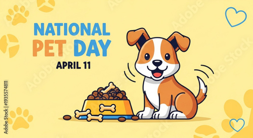 Cute brown and white puppy sitting next to dog food bowl on national pet day