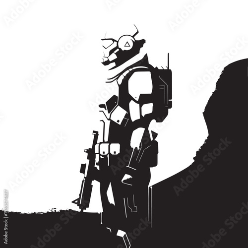 High contrast silhouette of a figure wearing a backpack and gear against a stark background.