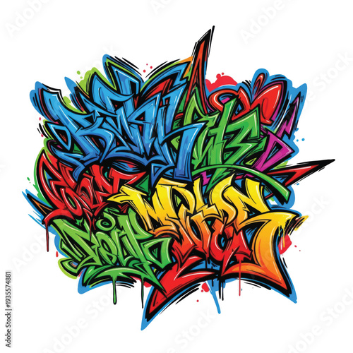 Vibrant multicolored graffiti lettering mural with dynamic shapes and bold colors.