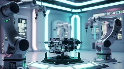 Assembly line with robots and complex machine, in futuristic, brightly lit, white room