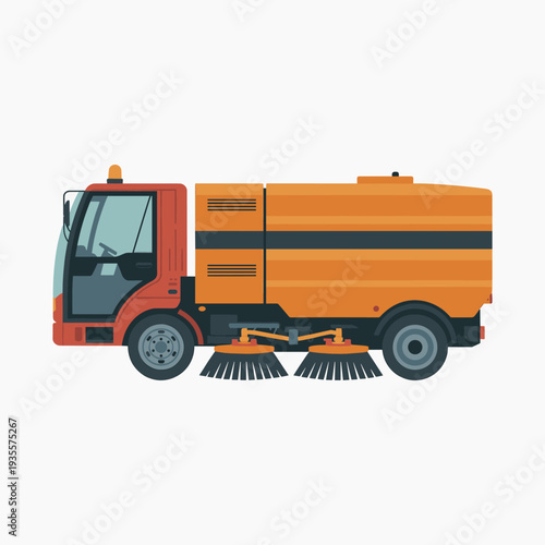 Orange street sweeper truck with two brushes vehicle cleaning vector illustration isolated on white background.