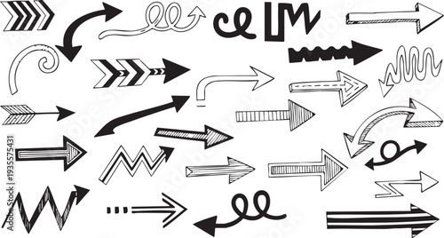 Versatile Arrow Icons Collection: Striped, Zigzag, Curly, Doodle Vector Graphics for UI & Creative Design"