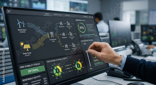 Energy grid monitoring system dashboard interface showing renewable output and grid stability charts graphs data.