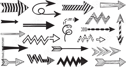 Versatile Arrow Icons Collection: Striped, Zigzag, Curly, Doodle Vector Graphics for UI & Creative Design"