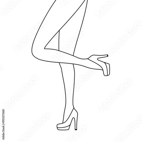 Linear silhouette of female legs in high heels pose silhouette isolated on white background representing fashion and elegance.