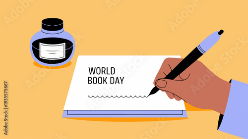 Hand holding pen writing on notebook with world book day text on yellow background with ink bottle