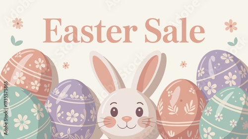 Easter sale promotional graphic with bunny and colorful decorated eggs on white background
