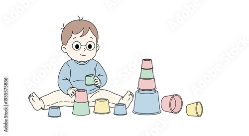 Child playing with colorful stacking cups.