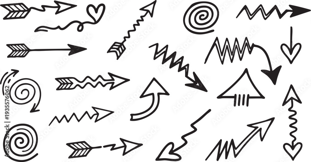 Fototapeta premium Doodle Arrow Icons Set: Hand-Drawn, Curly, Playful Vector Graphics for Kids & Creative Projects