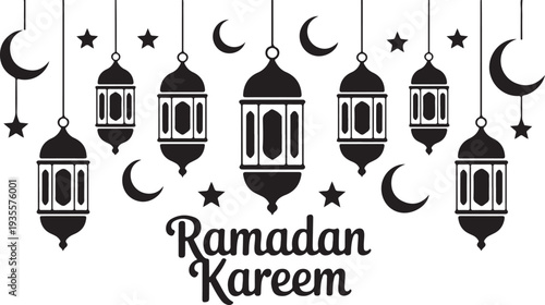 Ramadan Kareem greeting card with hanging lanterns moons and stars