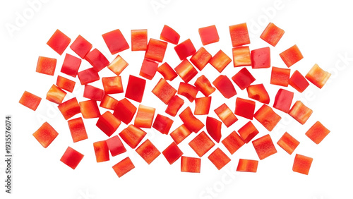 Isolated diced red bell peppers, cut into squares, ingredient for cooking, raw vegetable