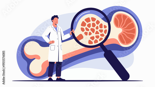 Doctor examining bone structure with magnifying glass orange citrus fruit nearby vector illustration in flat style