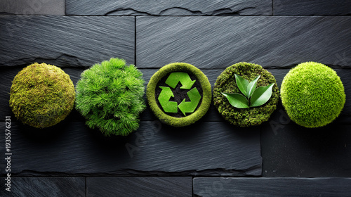 Wallpaper Mural Green manufacturing circular economy icons mossy rock, sustainable production visualization, environmental business symbolism, nature-based sustainability representation, with copy space Torontodigital.ca