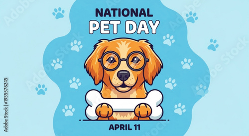 Cartoon golden retriever dog with glasses holds bone on national pet day april 11