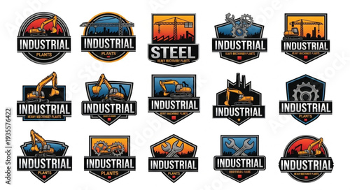 Collection of Industrial Logos with Construction Equipment and Machinery.